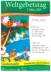 Plakat zum Weltgebeitstag: Illustration Meer, Palmen, Frauen mit Blumenkopfschmuck