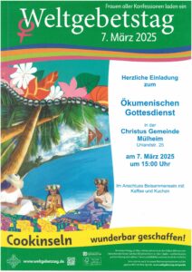 Plakat zum Weltgebeitstag: Illustration Meer, Palmen, Frauen mit Blumenkopfschmuck