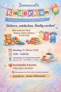 Plakat Kindertrödel mit Illustrationen von Spielzeug, Kaffee und Kuchen, Kleidung