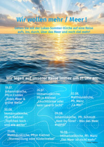 Plakat Sommerkirche: Meer, Himmel, Sonne, Termine der Veranstaltungen