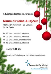 Illustration rote Christbaumkugeln, Tannenzweige, Plakat mit Terminen zu Adventsandachten "Nimm dir (eine Aus)Zeit"