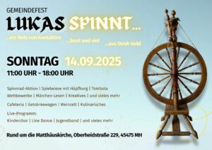 Plakat mit Spinnrad für Gemeindefest