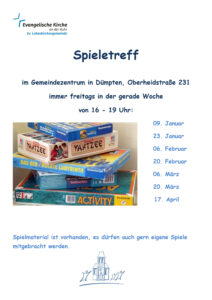 Plakat Spieletreff: Stapel von Gesellschaftsspielen